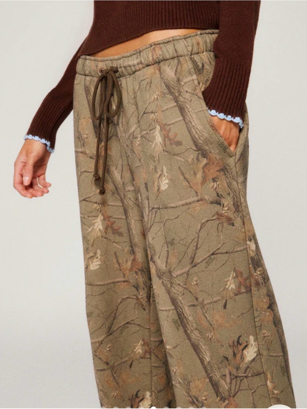 Wide Leg Camo-Print Drawstring Pants - Olive